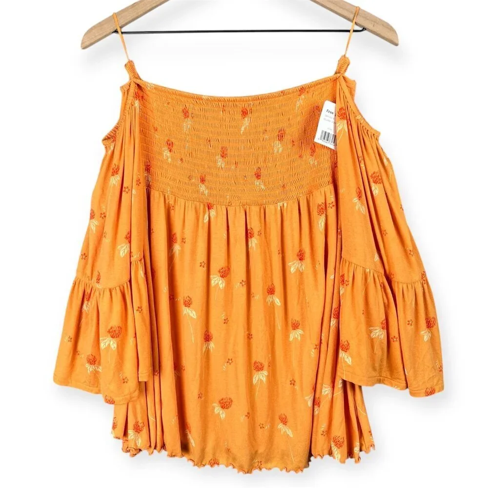 Free People Lana Off Shoulder Tunic Top Women’s Small Golden Poppy Floral NWT